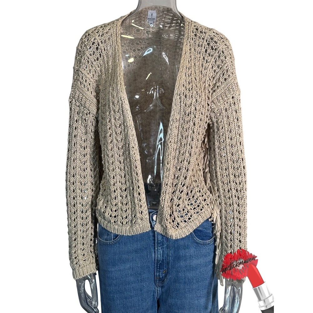 Pholya Italy Cardigan Womens Medium Tan Open Knit Fringe Arms Made In Italy